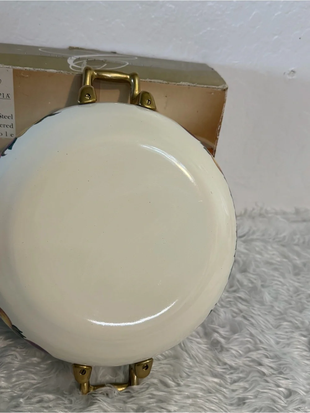 Vintage CORNUCOPIA Enamel Pot w/ Lid Fruit Pattern Brass Hardware
